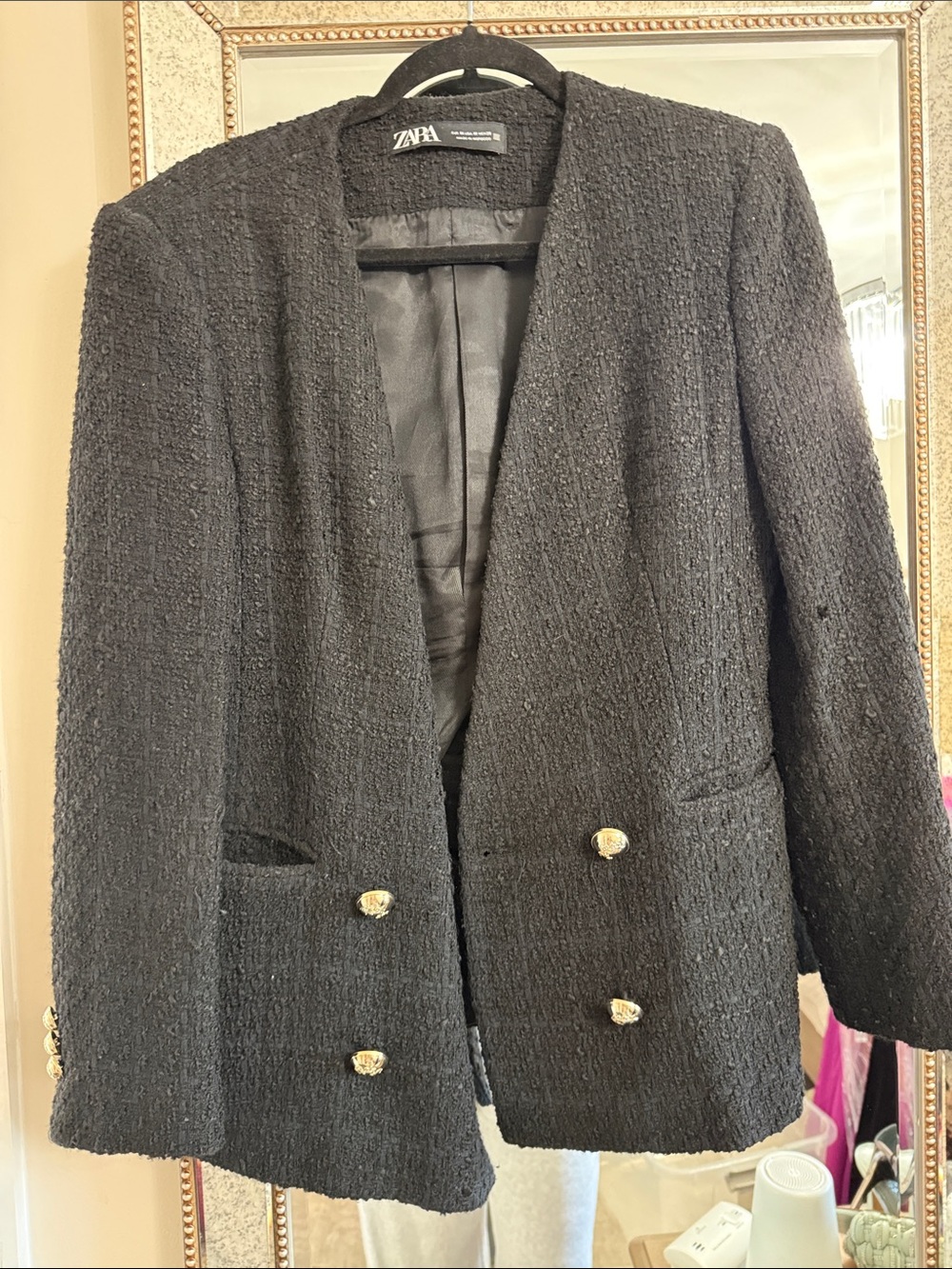 Zara Black Bouclé Double-Breasted Blazer with Gold Buttons